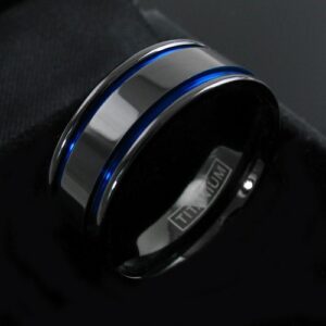 Gunmetal Titanium Men's Double Blue Stripe Wedding Band Ring Size 10